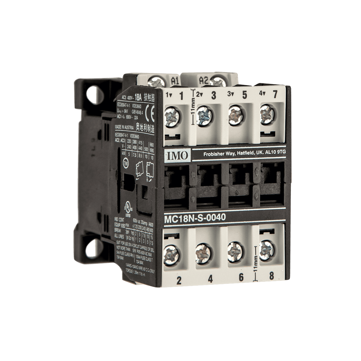 Contactor 4 Pole Open 7.5kW 18A AC3 1 Normally Open Auxiliary 